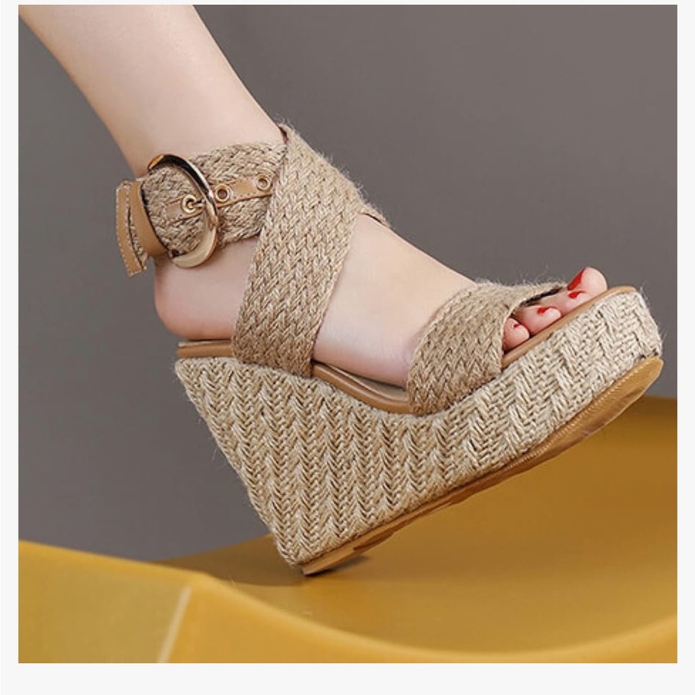 Women's gold buckle wedges